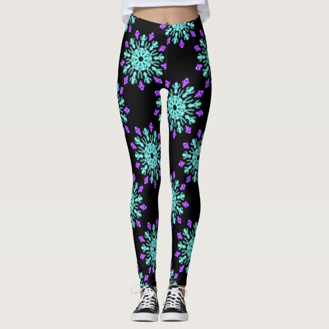 Turquios och lila neonblomma leggings (Framsida)