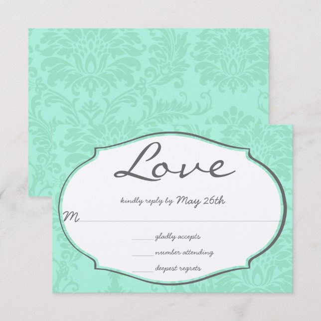 Turquiose Mint Damask Wedding OSA Inbjudningar (Fram/baksida)