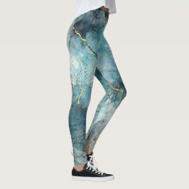 Turquise Abstrakt Watercolor Guld Glitter Leggings