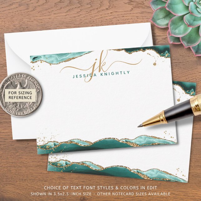Turquise Agate Geode Script Monogram Guld Glitter Anteckningskort (Skapare uppladdad)
