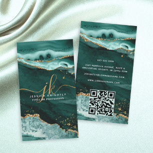 Turquise Agate Guld Glitter-skript Monogram QR Visitkort