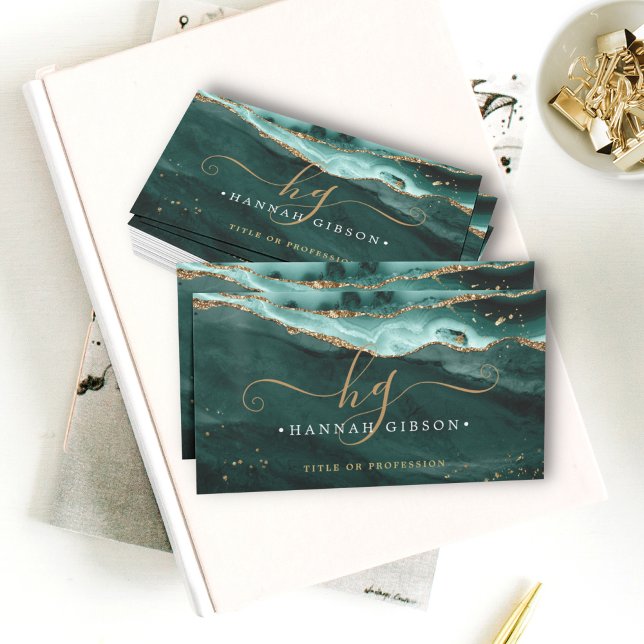 Turquise Agate-skript Monogram Faux Guld Glitter Visitkort (Skapare uppladdad)