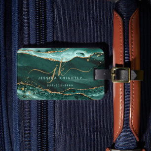Turquise Agate-skript Monogram Guld Glitter Bagagebricka