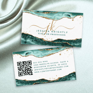 Turquise Agate-skript Monogram Guld Glitter QR Visitkort