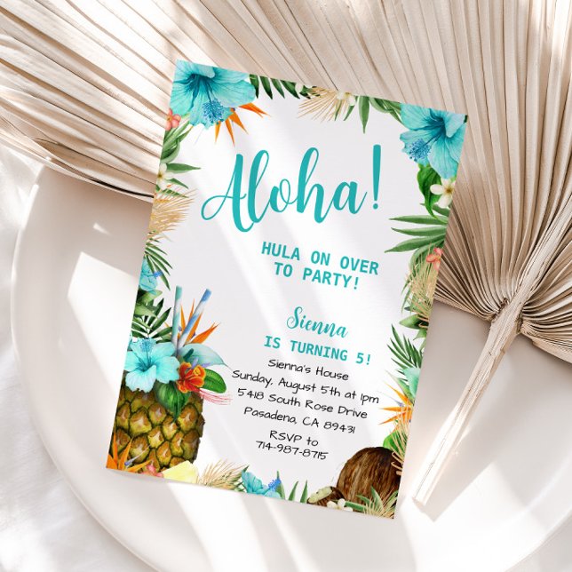 Turquise Aloha Birthday, Hawaiian Luau Tropical Inbjudningar (Skapare uppladdad)