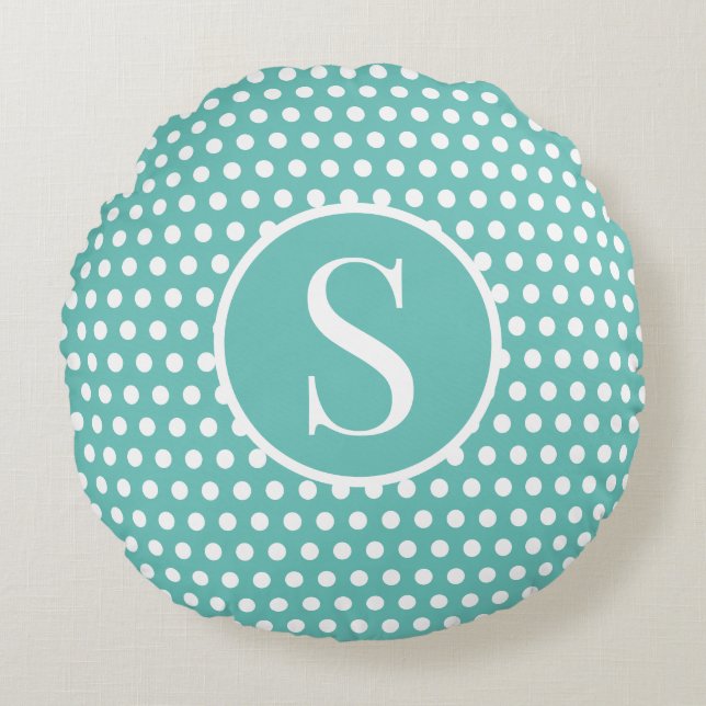 Turquise Anpassningsbar initial brev Polka Dot Rund Kudde (Framsidan)