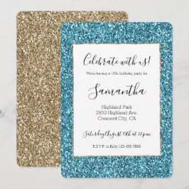 Turquise Aqua Blue Guld Glitter Inbjudningar