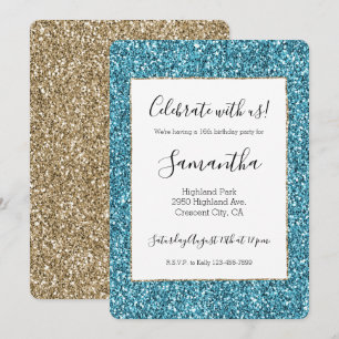 Turquise Aqua Blue Guld Glitter Inbjudningar