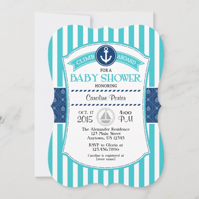 Turquise Aqua Blue Nautical Baby Shower-Inbjudning Inbjudningar (Framsida)