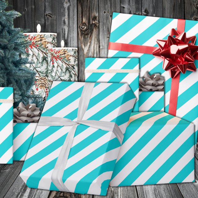 Turquise Aqua Blue Wide Rand Helgdag Presentpapper (Turquoise Aqua Blue Wide Stripe Holiday Wrapping in 6 and 15 foot long 30 Inch Width Rolls
)
