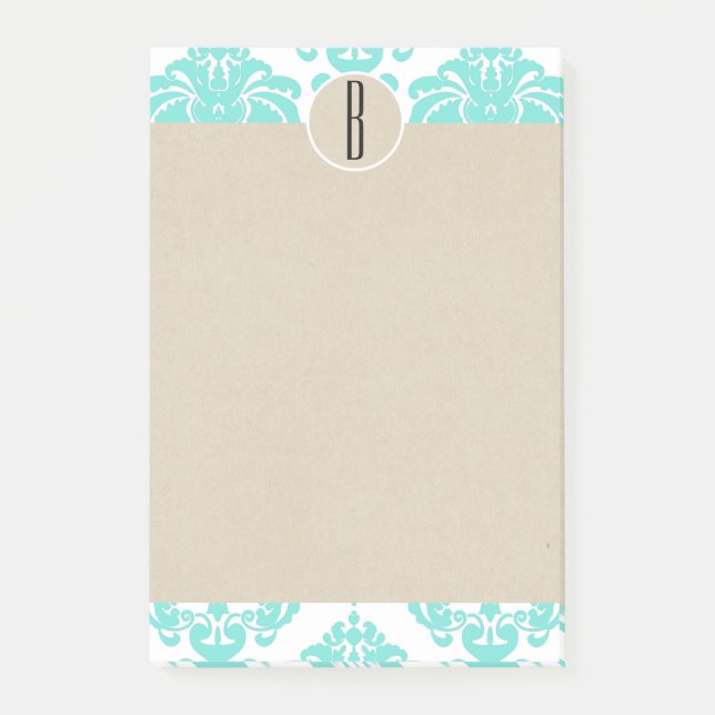 Turquise Aqua Glam Damask Kraft Monogram Initial Post-it Block (Framsida)