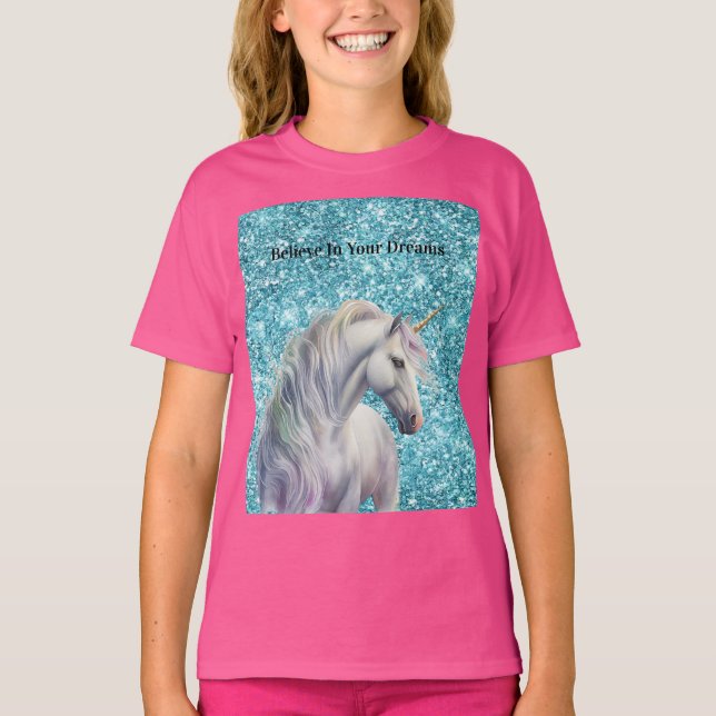 Turquise Aqua Glitz Glitter Unicorn T Shirt (Framsida)