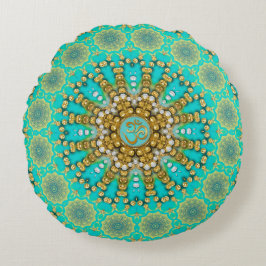 Turquise Aqua Guld Bohemian Mandala OM Yoga Rund Kudde