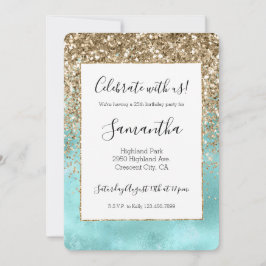 Turquise Aqua Guld Glam Glitter Gnistra Inbjudningar
