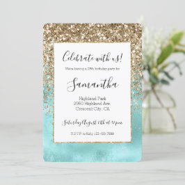 Turquise Aqua Guld Glam Glitter Gnistra Inbjudningar
