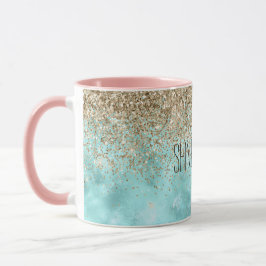 Turquise Aqua Guld Glam Glitter Gnistra   Mugg
