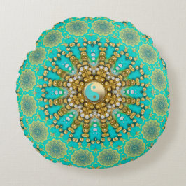 Turquise Aqua Guld Yin Yang Beachy Mandala Rund Kudde