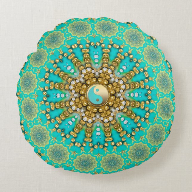 Turquise Aqua Guld Yin Yang Beachy Mandala Rund Kudde (Framsidan)