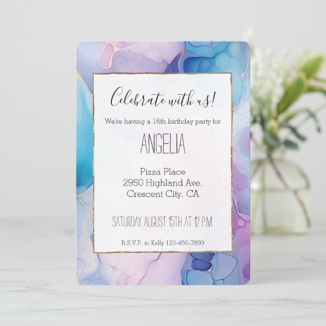 Turquise Aqua Lila Rosa Marble Birthday Inbjudningar (Stående Fram)