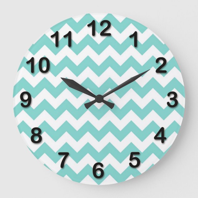 Turquise Aqua White Chevron Zig Zag Mönster Stor Klocka (Framsida)