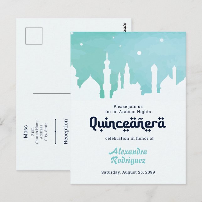 Turquise Arabian Nights Watercolor Quinceañera Vykort (Fram/baksida)