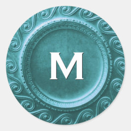 Turquise Art Deco Bröllop Monogram M Sticker Runt Klistermärke