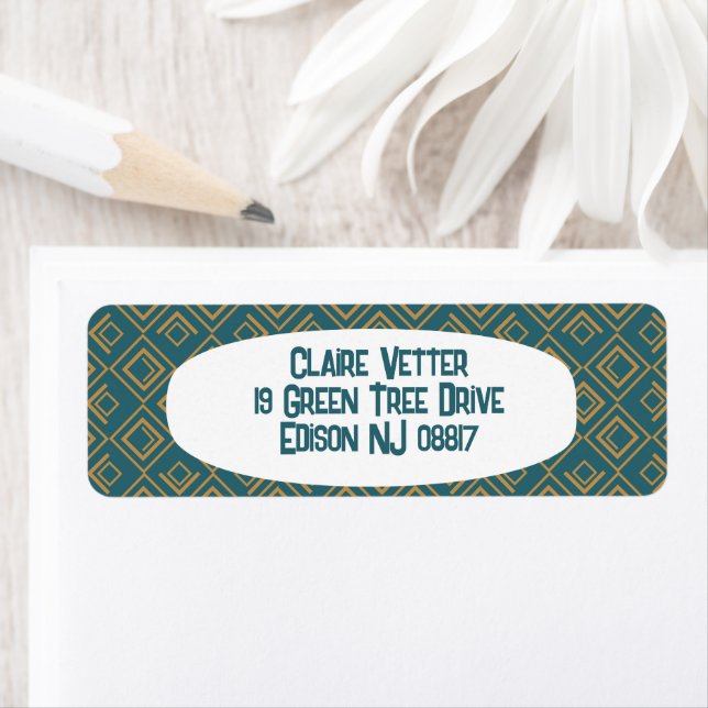 Turquise Art Deco Returadress Etikett (Insitu)