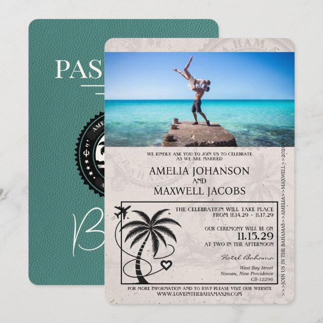 Turquise Bahamas Passport Bröllop Inbjudningar (Fram/baksida)