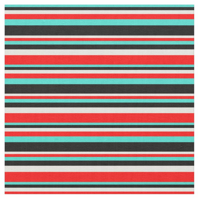 Turquise, Black, Beige och Red Färgad Rand Tyg (Närbild)