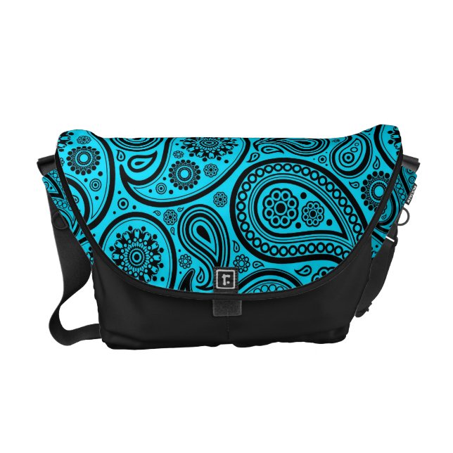 Turquise & Black Vintage Paisley Mönster Kurir Väska (Framsidan)
