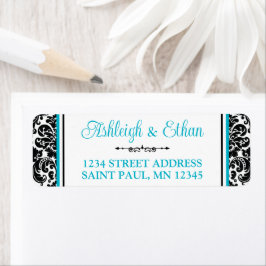 Turquise, Black White Damask Wedding Adress Returadress Etikett