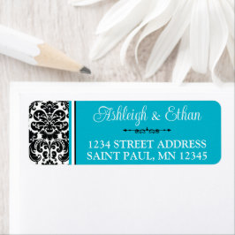 Turquise, Black White Damask Wedding Adress Returadress Etikett