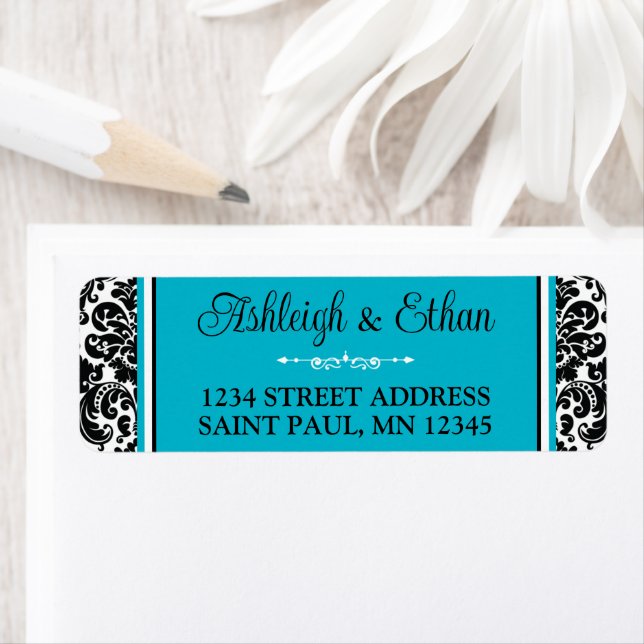 Turquise, Black White Damask Wedding Adress Returadress Etikett (Insitu)
