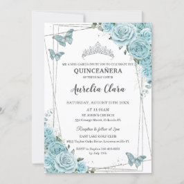 Turquise Blommigt Butterflies Silver Quinceañera Inbjudningar