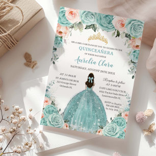 Turquise Blommigt Princess Guld Quinceañera Inbjudningar