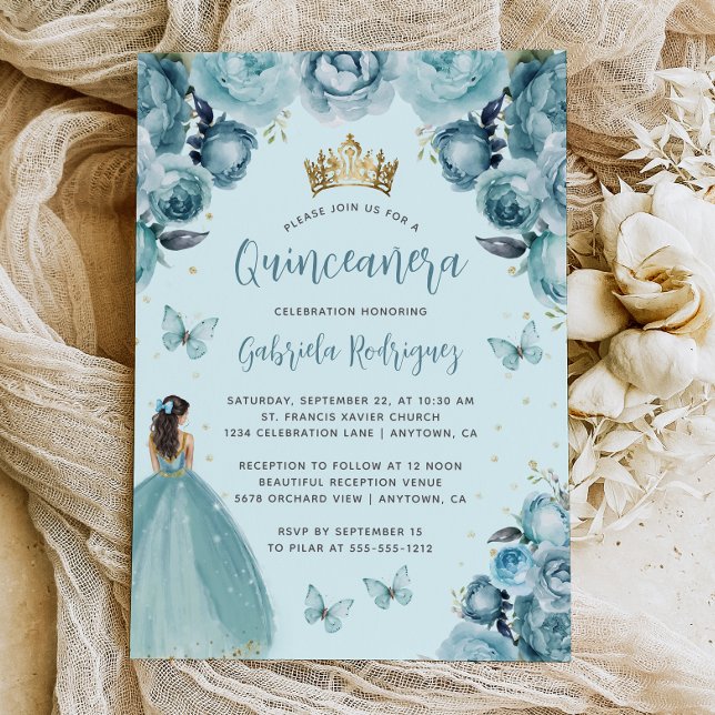 Turquise Blommigt Watercolor Princess Quinceañera Inbjudningar (Skapare uppladdad)
