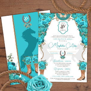 Turquise Blommigt Western Charro Ranch Quinceañera Inbjudningar