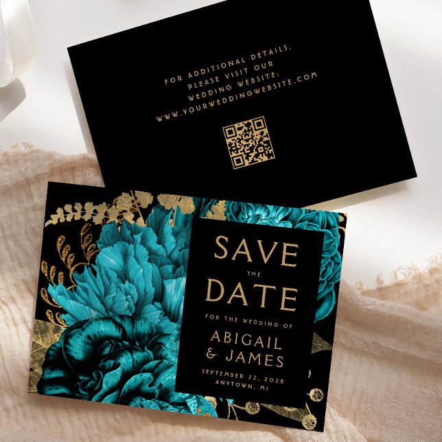 Turquise-Blommigten QR-koden Bröllop spara datum Inbjudningar (Skapare uppladdad)