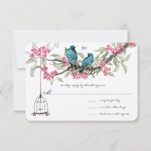Turquise Blue Birds Rosa Cherry Blommars Birdcage OSA Kort