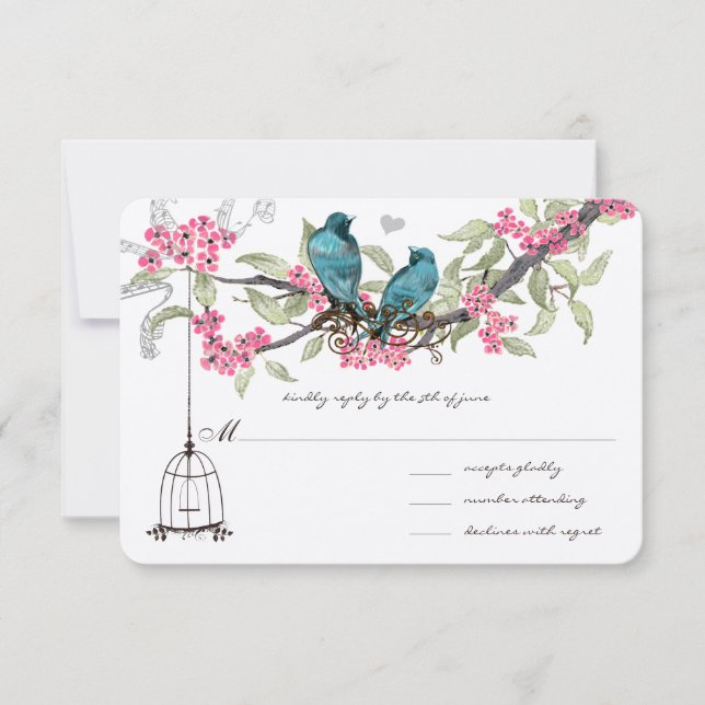 Turquise Blue Birds Rosa Cherry Blommars Birdcage OSA Kort (Framsida)