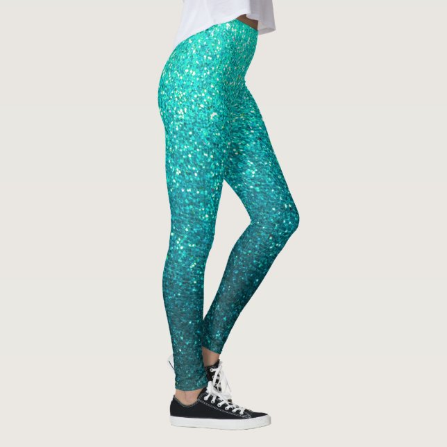 Turquise Blue Black Glitter Ombre Sparkles Yoga Leggings (Höger)