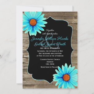 Turquise Blue blommigt, chalkboard wood bröllop Inbjudningar