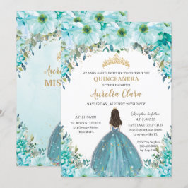 Turquise Blue Blommigt Princess Krona Quinceañera Inbjudningar