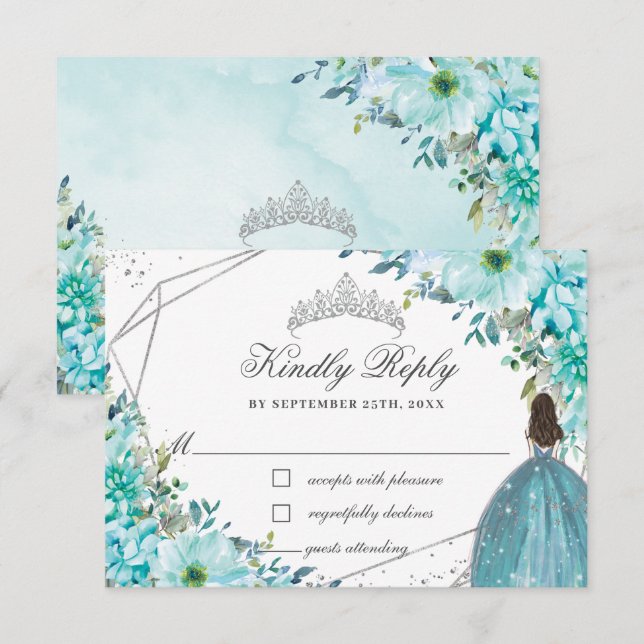 Turquise Blue Blommigt Quinceañera Silver Princess OSA Kort (Fram/baksida)