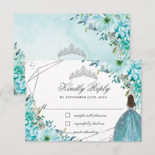 Turquise Blue Blommigt Quinceañera Silver Princess OSA Kort