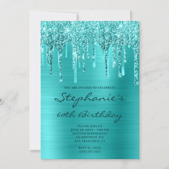 Turquise Blue Glitter Foil Drip 60:e födelsedagen Inbjudningar (Framsida)