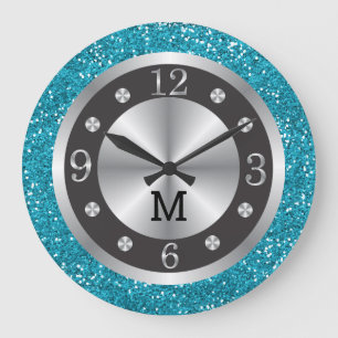 Turquise Blue Glitter Silver och Black Monogram Stor Klocka