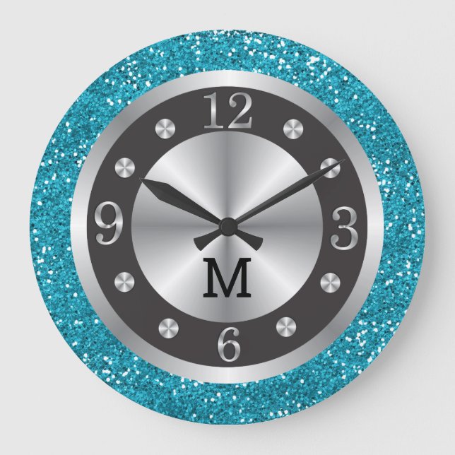 Turquise Blue Glitter Silver och Black Monogram Stor Klocka (Framsida)