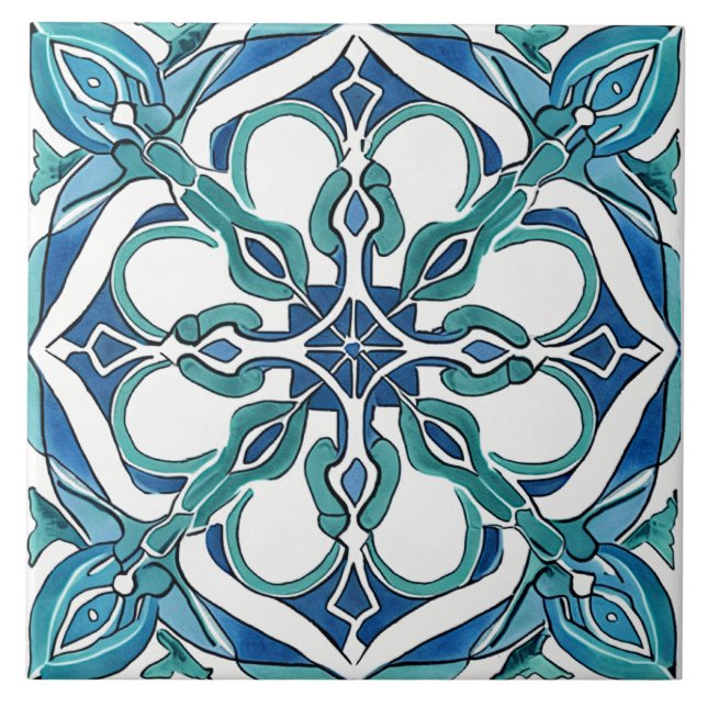 Turquise Blue Grönt Mediterranean Azulejo Kakelplatta (Framsidan)