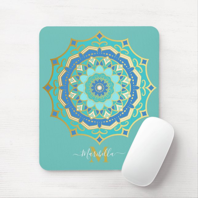 Turquise Blue Guld Boho Mandala Mouse Pad Musmatta (Med mus)